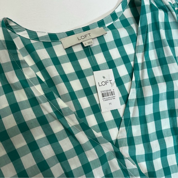 LOFT Gingham Wrap Top Peplum Short Sleeves Green Check Plaid Size Medium - Picture 3 of 8